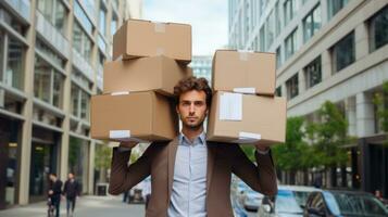 Moving man with boxes photo