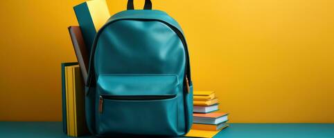 Blue and yellow school backpack background photo