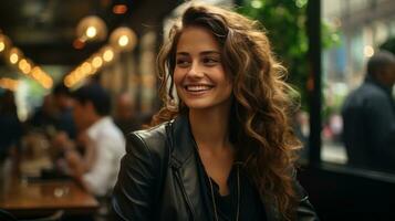 Beautiful business woman in coffee shop photo