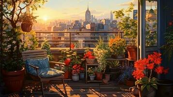 Terrace with potted plants and flowers photo