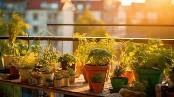 Terrace with potted plants and flowers photo