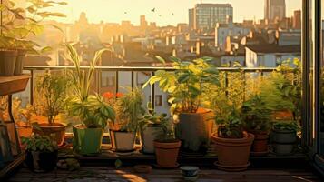 Terrace with potted plants and flowers photo