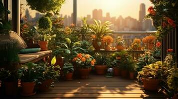 terraza con en conserva plantas y flores foto