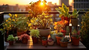 Terrace with potted plants and flowers photo