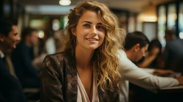 Beautiful business woman in coffee shop photo