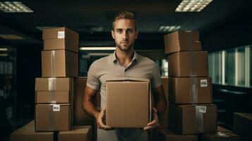 Moving man with boxes photo