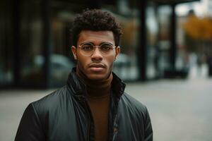 Afroamerican businessman with glasses in a street background photo