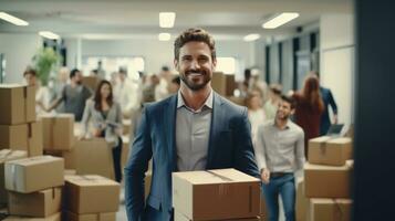 Moving man with boxes photo