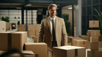 Moving man with boxes photo