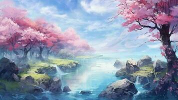 beautiful spring landscape with blossom animation looping japanese watercolor anime style. video