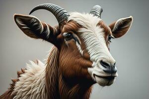 Head of a goat with big horns. ai generative photo