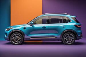 Compact crossover blue color on a purple background. photo