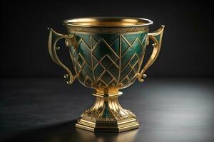 dorado trofeo taza en de madera mesa. premio concepto. ai generativo foto