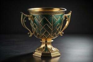 Golden trophy cup on wooden table. Award concept. ai generative photo