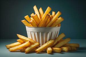 French fries in a bowl on red background. Selective focus. ai generative photo