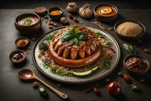 Homemade hamburger with fresh vegetables and spices on dark wooden background. ai generative photo