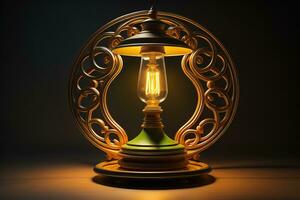 Lantern on a wooden table and a dark background. ai generative photo