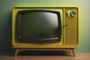 Retro TV on the wooden floor in the room. photo