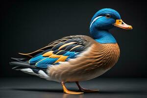 Beautiful duck on a solid color background. ai generative photo