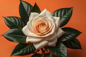 White rose with green leaves on a solid color background, top view. ai generative photo