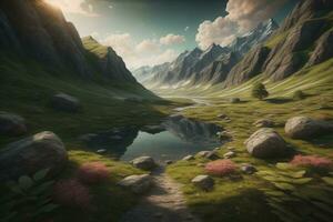 Beautiful fantasy landscape with a river in the mountains. ai generative photo