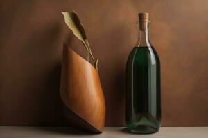 Bottle of wine and wooden leaf on table against brown background. generative ai photo