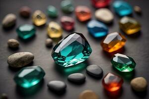 Colorful gemstones on black wooden table, close-up. ai generative photo