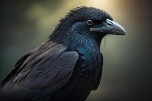 Close-up portrait of a black raven on a dark background. photo