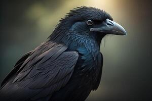 Close-up portrait of a black raven on a dark background. generative ai photo