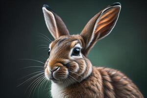 Portrait of a cute brown rabbit on a dark green background. photo