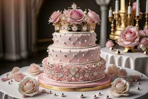 Wedding cake decorated with pink roses and gold crown on the table. ai generative photo