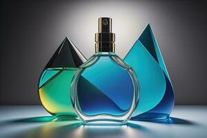 Creative and brandless Perfume bottle and flower on the wooden table, closeup. ai generative photo