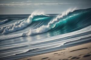 Blue ocean wave at sunset. photo