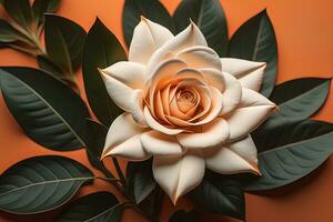White rose with green leaves on a solid color background, top view. ai generative photo