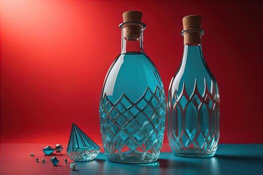 Bottle with a liquid on a solid color background. ai generative photo