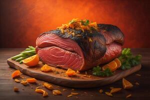 Piece of roast beef on wooden board with orange and parsley. generative ai photo