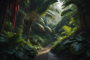 Hiking trail in the jungle with red hammock and palm trees. generative ai photo