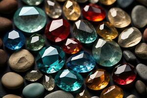 Colorful gemstones on black wooden table, close-up. ai generative photo