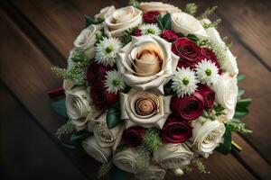 Beautiful bridal bouquet of different flowers on a dark background. ai generative photo