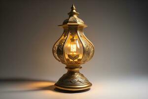 Lantern on a wooden table and a dark background. ai generative photo