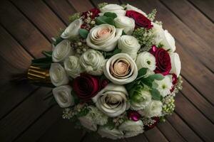 Beautiful bridal bouquet of different flowers on a dark background. ai generative photo