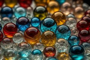 Colorful glass marbles on a the table. Selective focus. ai generative photo