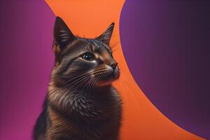 Portrait of Maine Coon cat with orange and purple background. photo