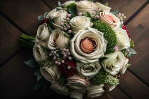 hermosa nupcial ramo de flores de diferente flores en un oscuro antecedentes. ai generativo foto