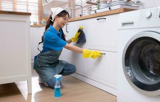 Asian young woman cleaning dishwasher in the kitchen. housework concept photo