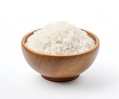 Basmati rice groats in a wooden bowl isolated created with technology photo