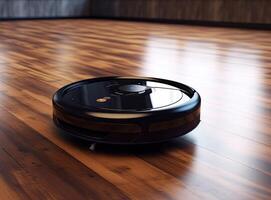 robotic vacuum cleaner on laminate wood floor smart cleaning technology created with technology photo