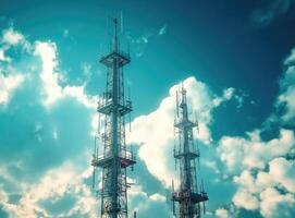 tower with mobile operator antennas on the background sky, 5G, 4G, 3G, mobile technologies, new generation communications created with technology photo