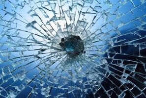 A glass surface that took a bad hit and broke, featuring a big scary hole maybe a bullet created with technology photo