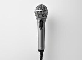 Close up of high quality dynamic microphone connect with male connector and cable isolated on white background,top view. created with Generative AI technology photo